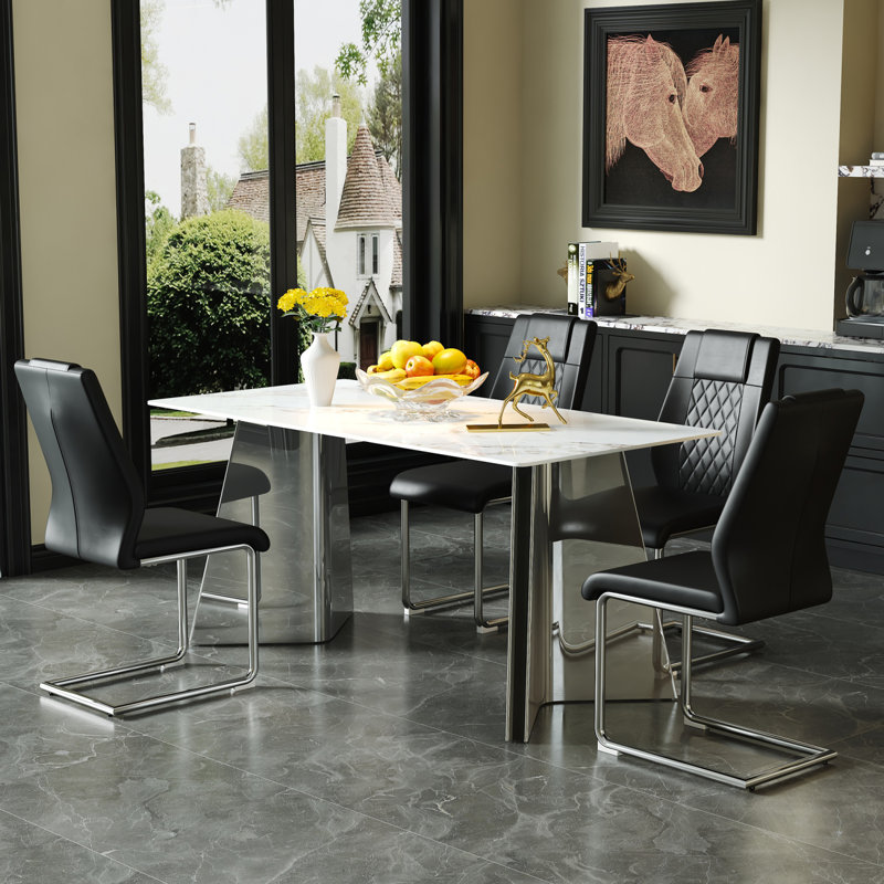 Ensemble table et chaises Ensemble de table de salle à manger luxueuse en pierre frittée froide de 63,3 pouces de 31,4 pouces - 4 chaises en polyuréthane de haute qualité avec pieds arqués en métal argenté