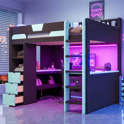 Lit mezzanine en bois pleine grandeur avec bureau en forme de U, lumières DEL RVB intelligentes, ports USB et rangement multifonctionnel pour adolescents et adultes, noir et bleu