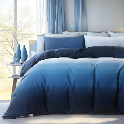 Blue and White Duvet Cover King Size 100% Cotton Duvet Cover Sets Gradient Blue Comforter Cover Ocean Like 3 Pcs Soft and Lightweight Bedding Set for All Seasons