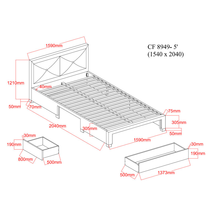 Hariz Upholstered Storage Bed, Kingsize (5'), Light Grey