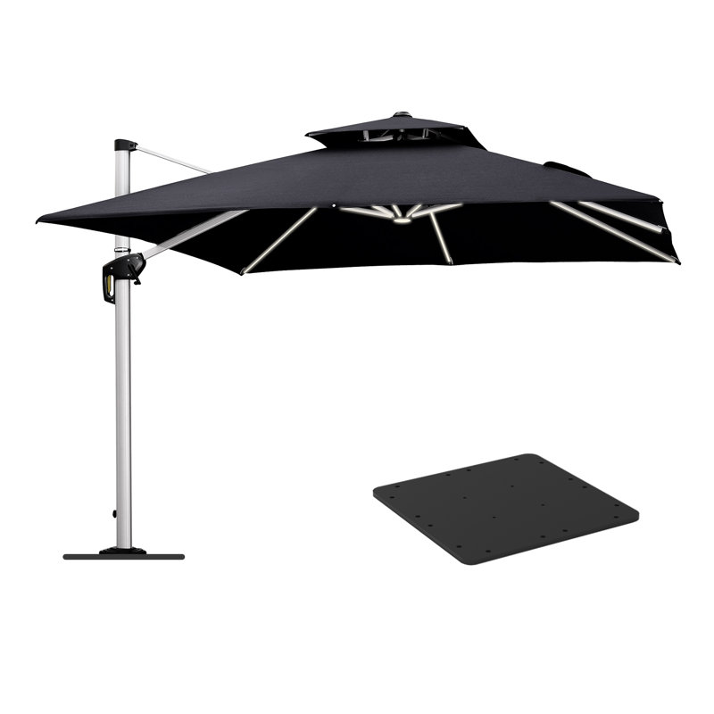 Retonia Parasol carré de luxe à double plateau carré avec base en tôle d'acier, noir, Noir