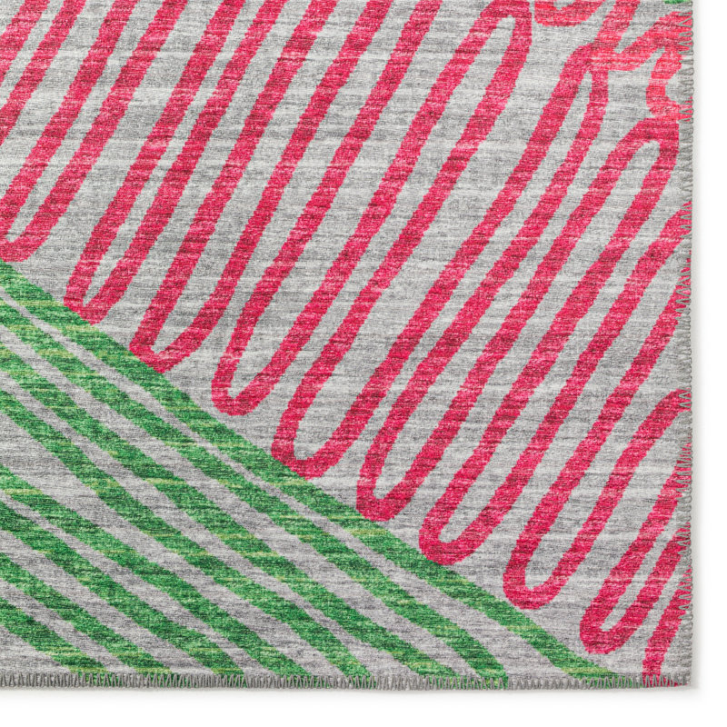 Tapis rose / gris / vert abstrait tissé à la machine, Tapis de couloir 2 pi 3 po x 7 pi 6 po