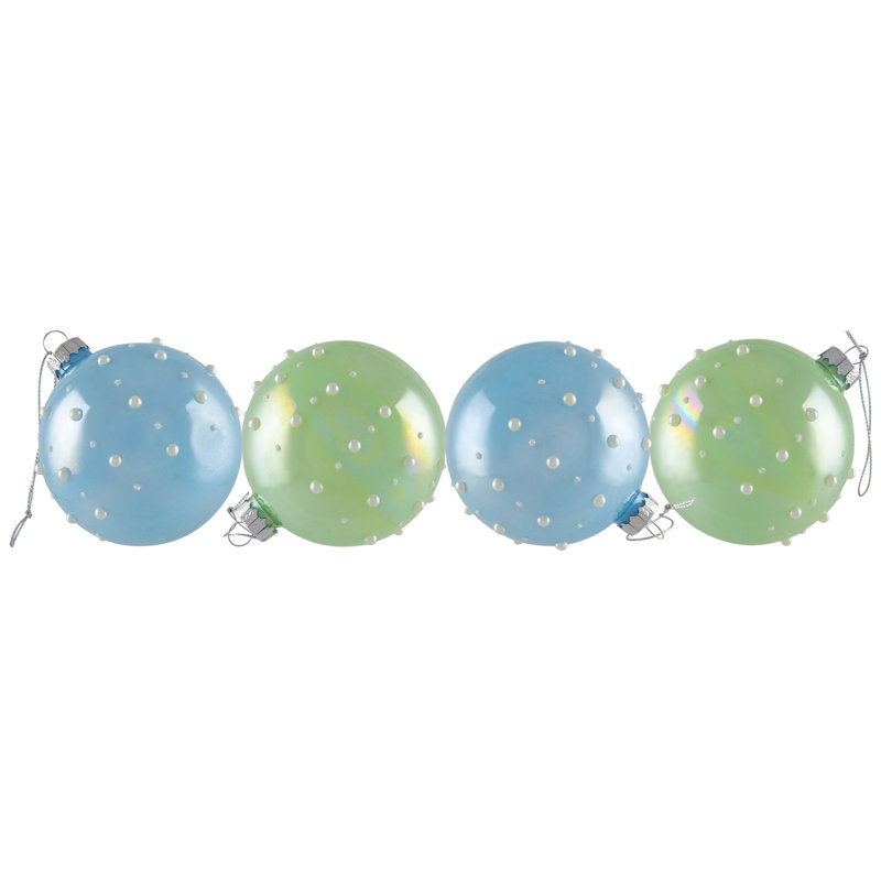 Boules de Noël en verre brillant avec gouttes de perles - 3 po (80 mm) - bleu et vert - 4 carats