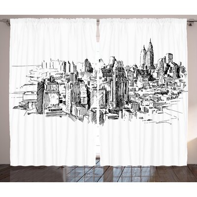 New York Sketchy New York Historical Western Center Downtown Modern USA Illustration Print Graphic Print & Text Semi-Sheer Rod Pocket Curtain Panels -  Ambesonne, p_25227_108x84