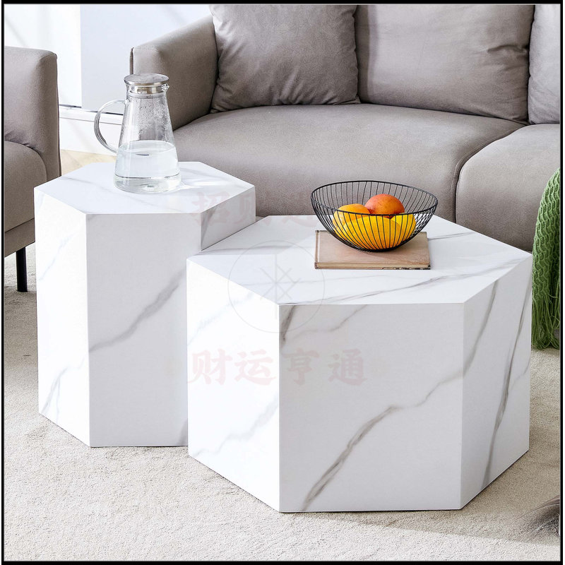 hexagonal white marble patterned MDF coffee table set