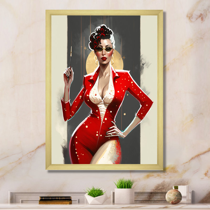 Femme sensuelle en rouge - imprimé, H 20 po x l 12 po x P 1 po, Cadre d'angle fermé doré