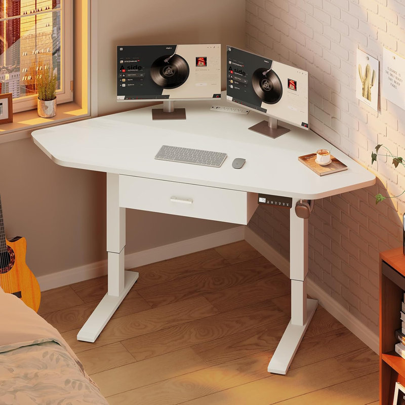 Corner Electric Standing Desk Height Adjustable Computer Desk with Drawer, White
