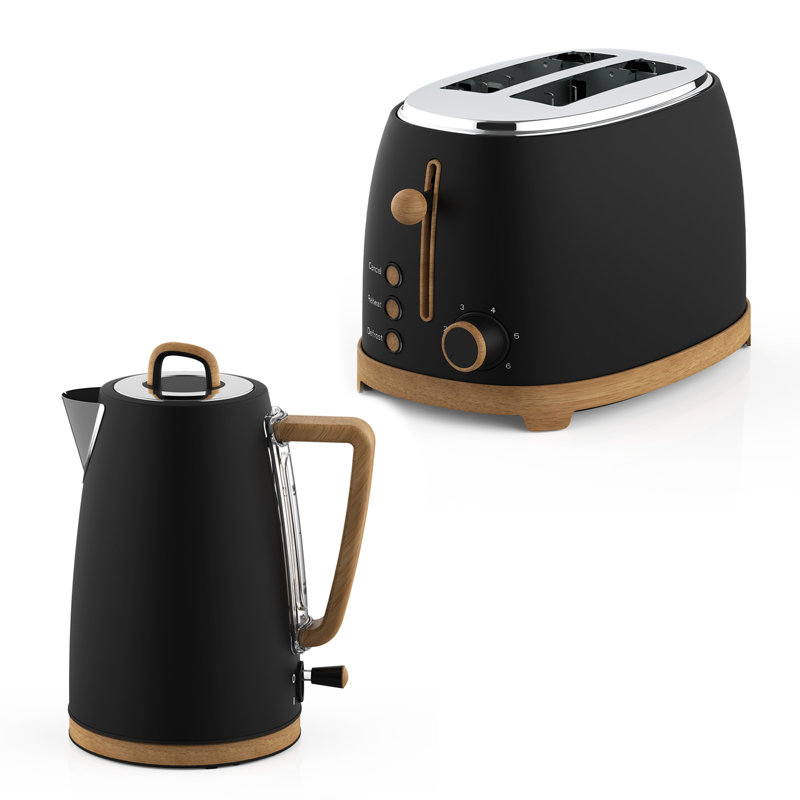GEEPAS NordiQ 2 Slice Toaster & 1.7L Electric Kettle Combo Set | Matte Finish with Wood Accents | 850W 6 Browning Levels Defrost Reheat & Cancel | 3000W Rapid Boil Cordless Jug Kettle