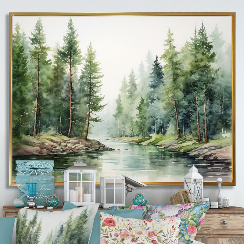Rivière, forêt, trésor caché, paysage I, H 30 po x l 40 po x P 1,5 po, Cadre flottant doré