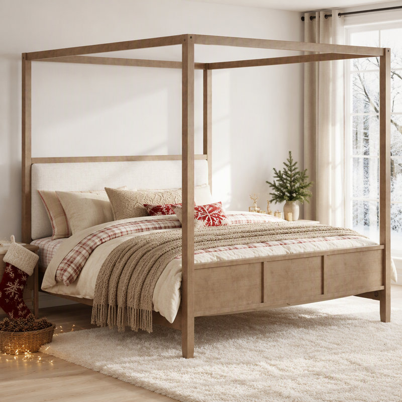 Lit plateforme à baldaquin en bois avec tête de lit tapissier et système de support à lattes renforcé pour les chambres modernes