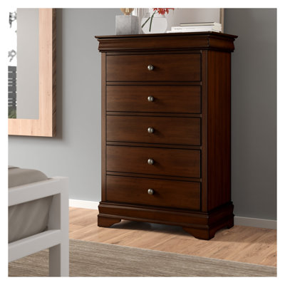 Traditional Louis Philippe Style 5-Drawer Chest of Drawers with Hidden Jewelry Drawer - Brown Cherry Wood Finish Bedroom Storage Furniture