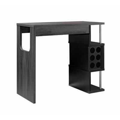 Home Bar Table With Wine Glass Compartment And Three Shelves In Distressed Grey & Black