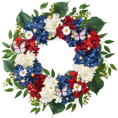  4th of July Wreaths for Front Door with Lights,Red White Blue Patriotic Hydrangeas Wreath with Eucalyptus Leaves Butterfly for Summer, 24'
