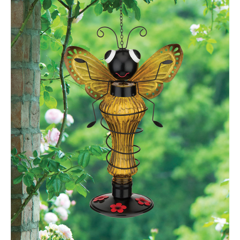 Yellow and Black Glass Bee Hummingbird Feeder with Metal Accents