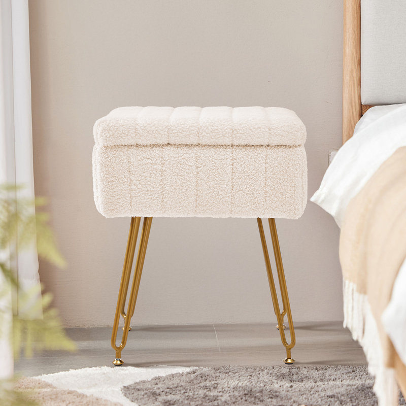 16" Teddy Fabric Storage Ottoman, Plush Vanity Stool with Hidden Storage for Bedroom or Living Room, Beige