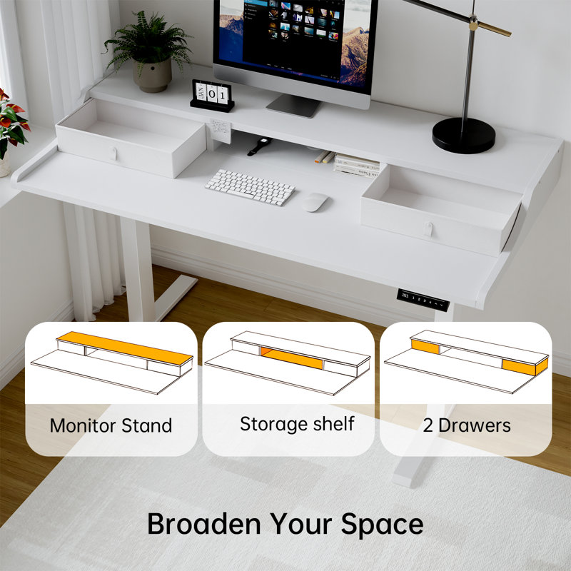 Electric Standing Desk with Drawers, Ergonomic Office Desk,  Featuring 2 Storage Drawers and 4-Preset Height Memory Buttons,Computer Desk Space Saving Corner Desk for Home Office.