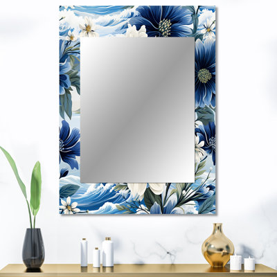 Ardean Coastal Blues White Flowers Blooms - Floral Unique Wall Mirror Decor, Cottage Large Mirror, Printed Metal Art