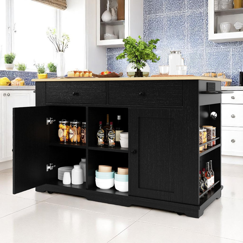 Kitchen Island With 2 Doors, 2 Drawers And Shelves, Black