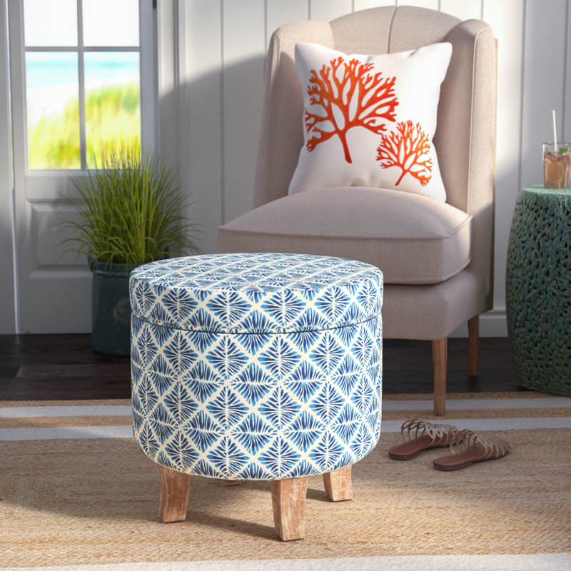 Ashlley Upholstered Storage Ottoman, Navy and White Geometric