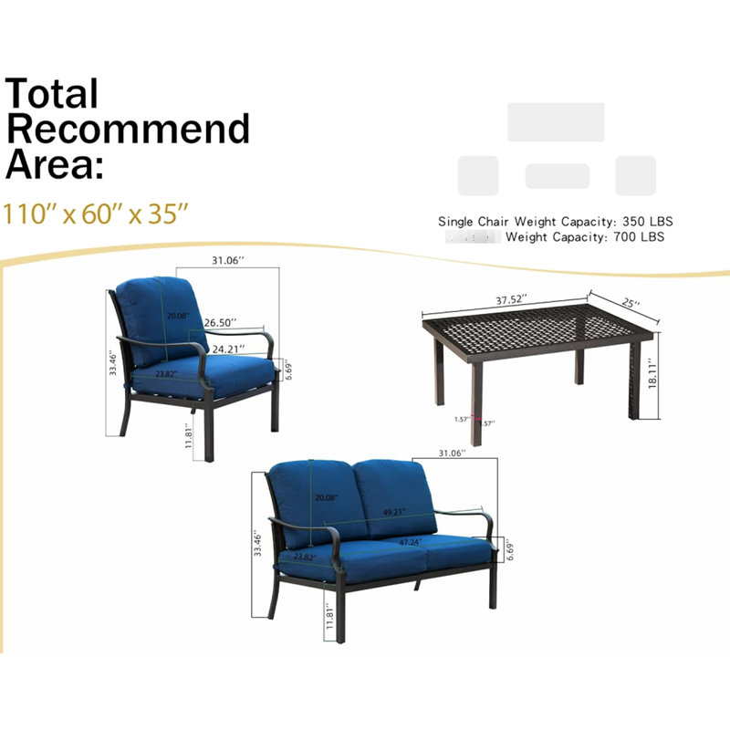 Patio Furniture - Metal Construction With Removable Blue Cushions For Lawn Garden Yard 4 Table And Chairs