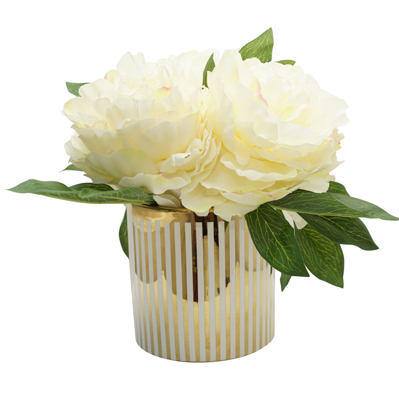 P 12 po x H 5 po arrangement de pivoines en pot, Crème / doré