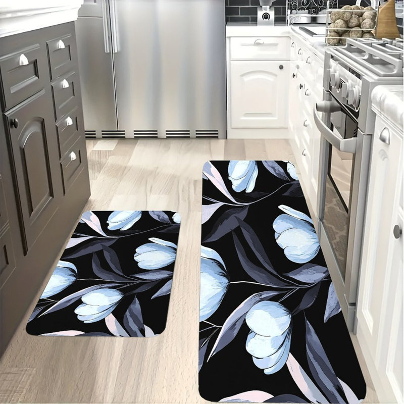 Tapis de cuisine antidérapant à motif tulipe bleu clair 2 pièces