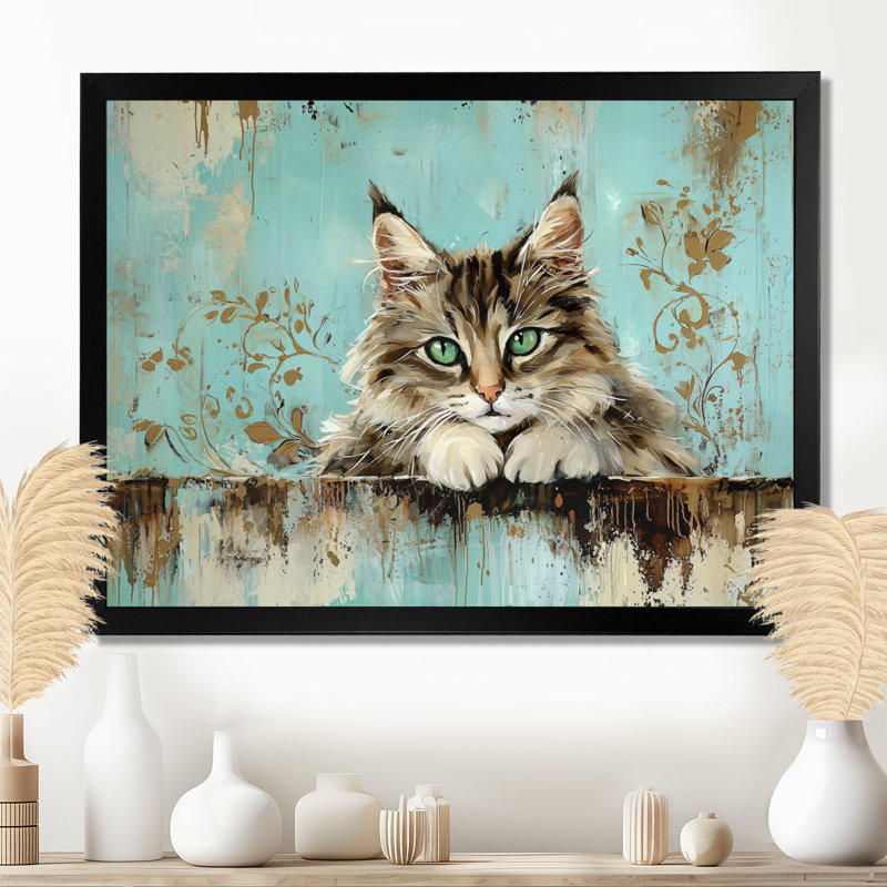 Chat rétro Playful Kitty II - décoration murale chat, Reproduction encadrée d'une seule photo sans pass, Noir