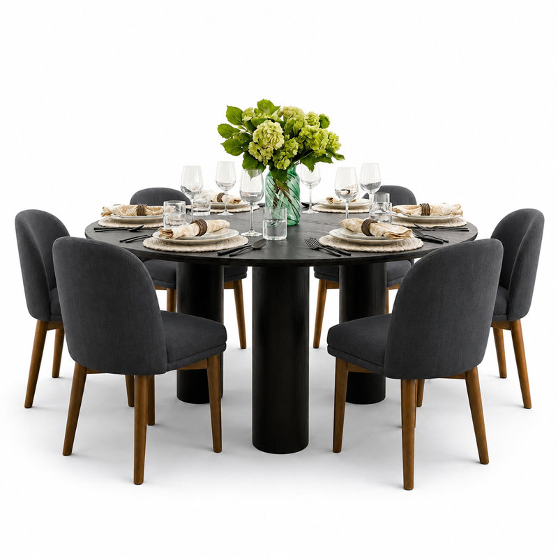 Ensemble de salle à manger rond moderne avec table à plusieurs pieds et 6 chaises rembourrées à pattes en bois, Noir