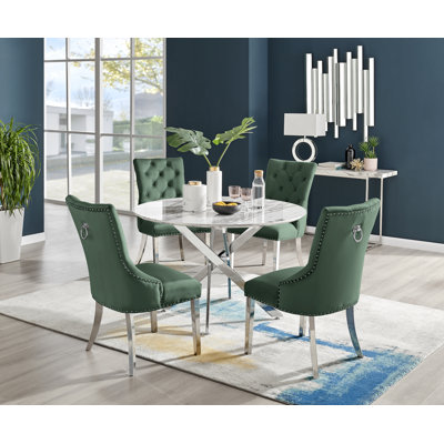 Tierra Modern Chrome Metal & Glass Round Dining Table Set with 4 Luxury Button Velvet Chairs