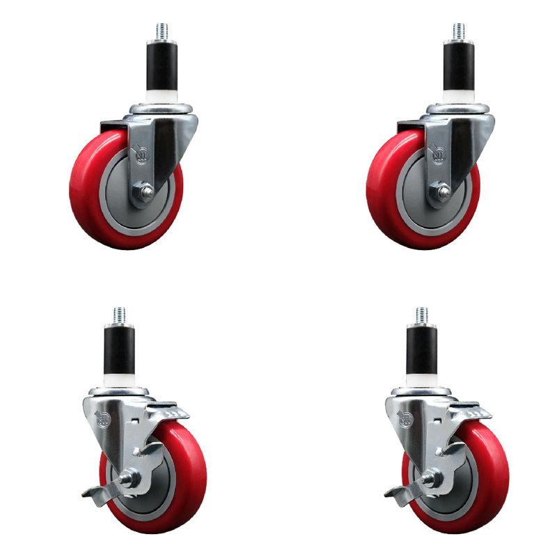 Ensemble de roulettes extensibles pivotantes en polyuréthane de 4 po à 4 roues pivotantes de 1 pouce et 4 pouces SCC, Rouge