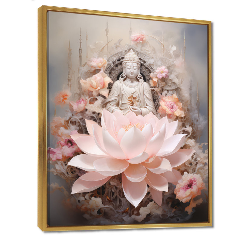 Bouddha rose, lotus de la sagesse sur toile, L 16 po x H 32 po x P 1 po, Cadre flottant doré