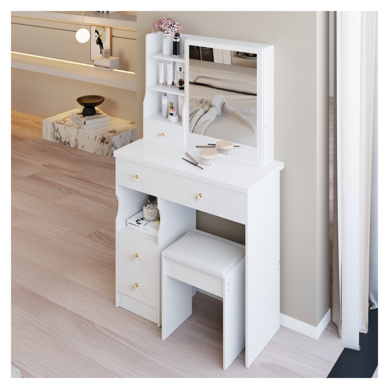 Petite coiffeuse 29,2 po avec miroir coulissant et tabouret rembourré, coiffeuse compacte blanche avec tiroir de gauche et rangement multicouche pour les petits espaces