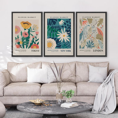 NYC London Colourful Flower Market Abstract Floral & Botanical Framed Canvas 3 Pieces Print Wall Art