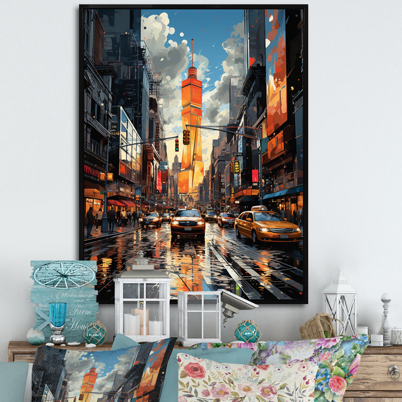 Collage sur toile jaune et gris de New York, H 40 po x l 30 po x P 1,5 po, Cadre flottant noir
