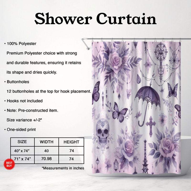 Rideau de douche 1 pièce Lilac Goth, H 74 po x l 71 po
