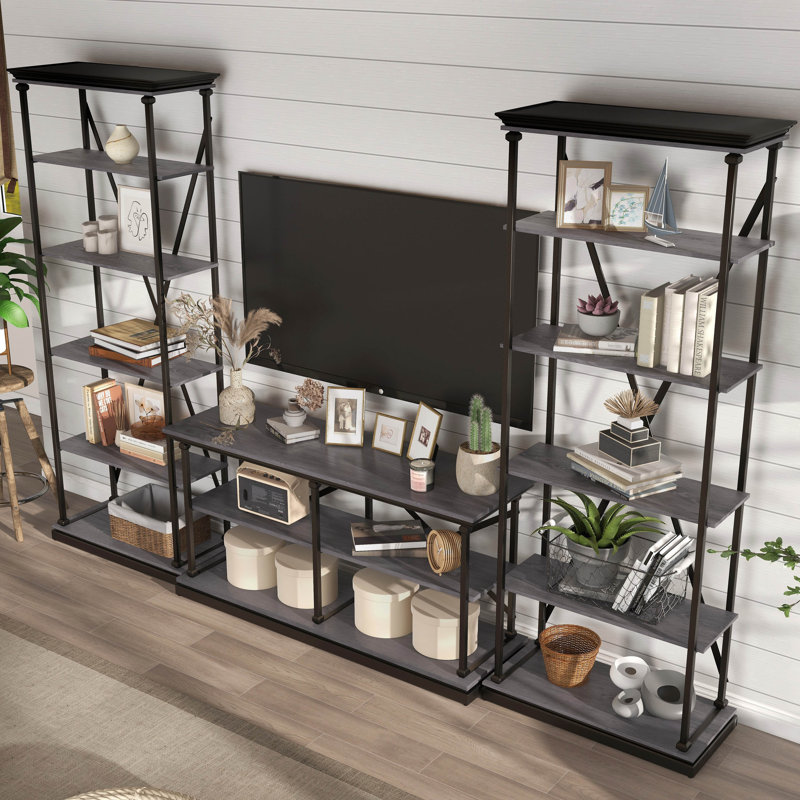 Kiven Metal 3-Piece Console Table and Bookcase Set, Gray