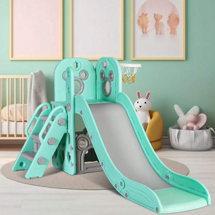 Kids Slide L-Shaped, 4 in 1 Slide Climber for Toddler, with Ball & Hoop, Storage Space and Non-Slip
