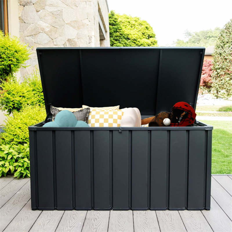 Domi Louvered Deck Box 100 Gallons Water Resistant Lockable with Wheels, 27.56"H x 49.41"W x 24.69"D, Black