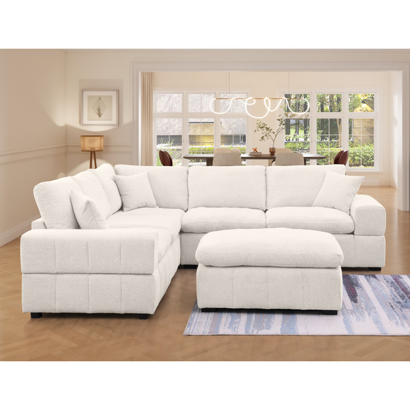 Upholstered 6-seater Chenille Modular Sofa With Oversized Movable Ottoman & Plush Cushions, Beige Chenille