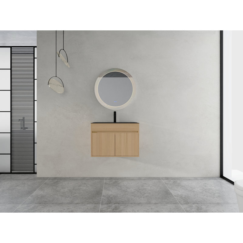 Armoire de salle de bain murale 28 po avec lavabo en acier inoxydable et tuyau de vidange flexible, porte à fermeture en douceur, contreplaqué, emballage KD