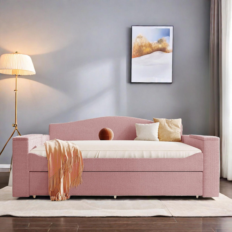 Lit de jour rembourré en peluche avec accoudoirs de rangement, couchette et système audio Bluetooth , Double, Rose