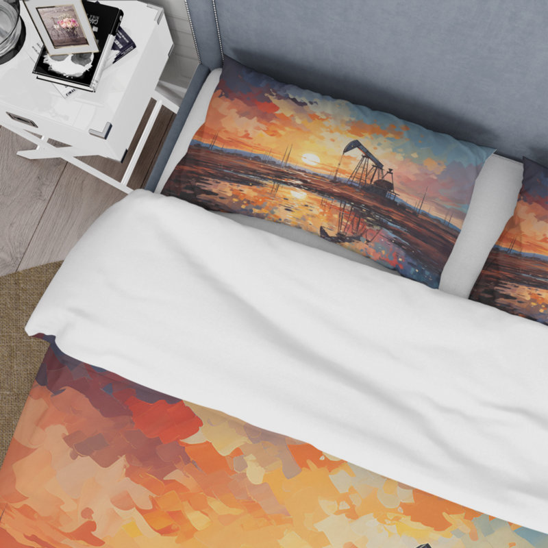 Ensemble de housse de couette Orange Oil Rigs Pumpjack In Texas II BeddingMicrofiber / Polyester