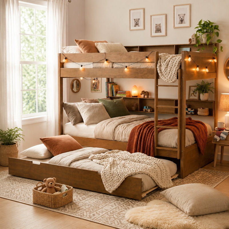 Lit superposé avec lit gigogne escamotable et tablettes de rangement intégrées, Double sur double, Bois