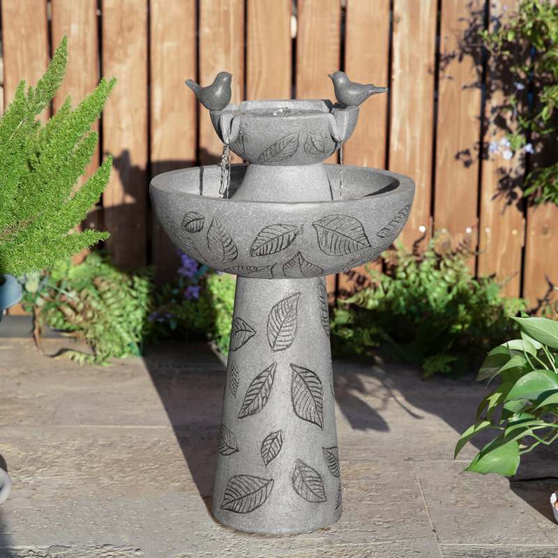 26"H 2-Tiered Birdbath Polyresin Outdoor Fountain with Birds, Pump and LED Light (KD)