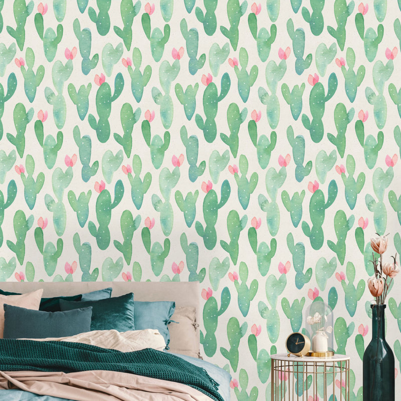 Rouleau de papier peint adhésif cactus, Vert, L 16,67 po x l 25 po