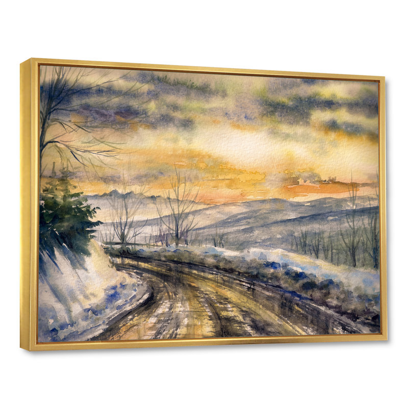 Paysage enneigé à travers la neige II - peinture sur toile, H 30 po x l 40 po x P 1,5 po, Cadre flottant doré