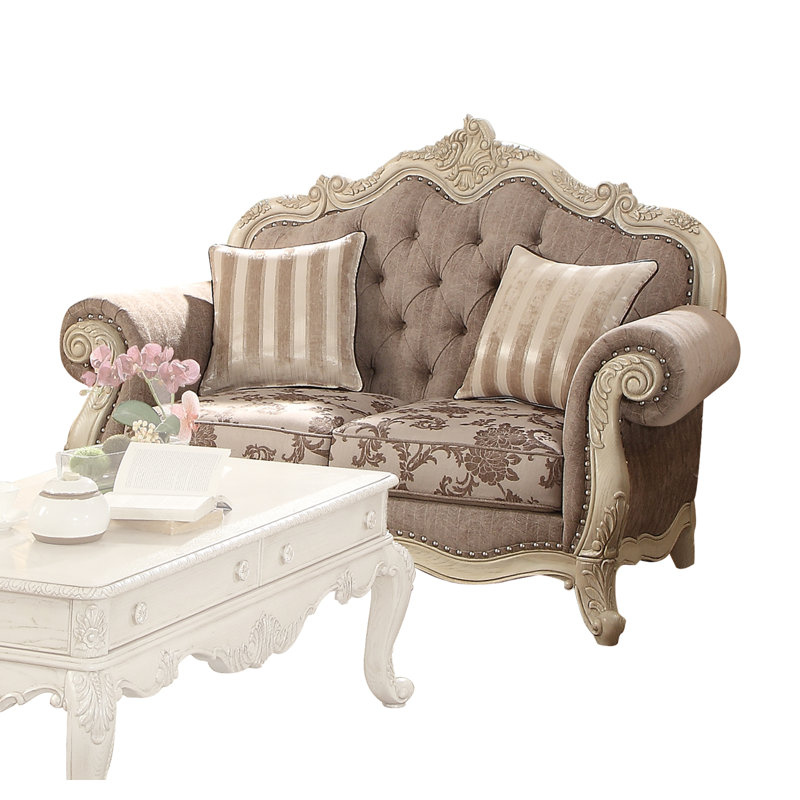 Causeuse Chesterfield 69 po en damas brun et platine, Coton gris, Antique White