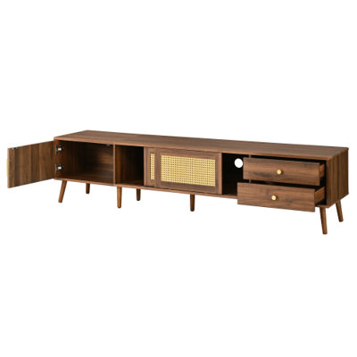 Meuble télé moderne en rotin de 193 cm (76 po) pour téléviseurs jusqu'à 216 cm (85 po), meuble multimédia aspect bois avec rangements, console télé pour salon ou chambre.