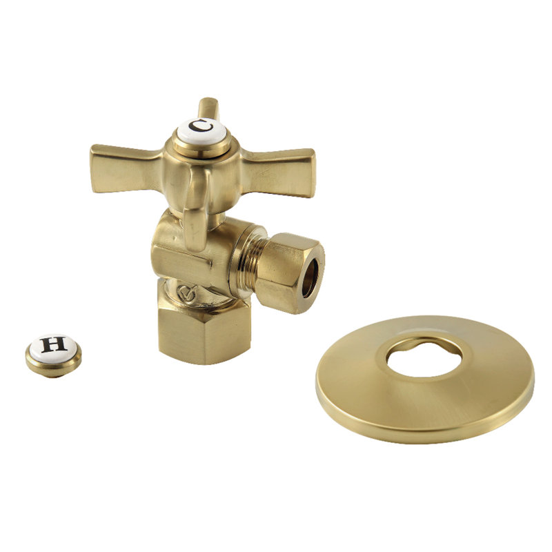 Kingston Brass Millennium 1/2-Inch FIP x 3/8-Inch OD Comp Quarter-Turn Angle Stop Valve with Flange, Brushed Brass