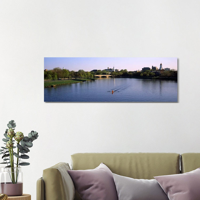 Boat in a River, Charles River, Boston & Cambridge, Massachusetts, USA 1 Piece Wrapped Canvas Panoramic Wall Art